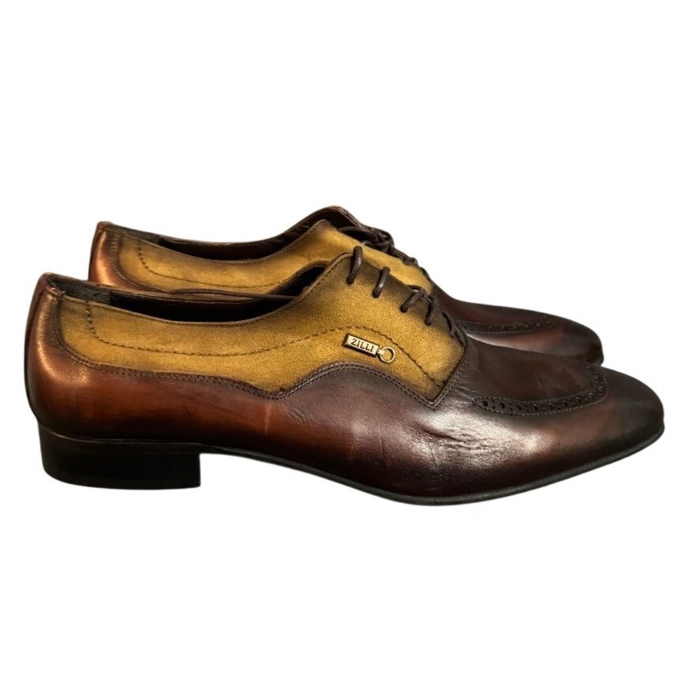 NWOB Zilli Mens Brown Burnished Leather Mustard Suede Oxford Dress Shoes Size 46